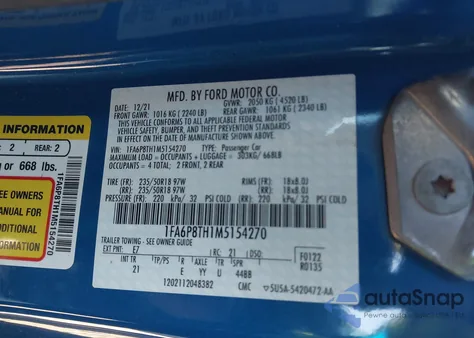 2021 Ford Mustang Ecoboost Fastback из США, поврежденный, VIN 1FA6P8TH1M5154270